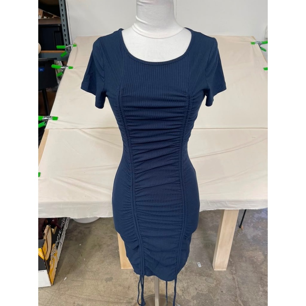 O. VIANCA Navy Blue Ribbed Ruched Bodycon Mini Dress Short Sleeve Size M